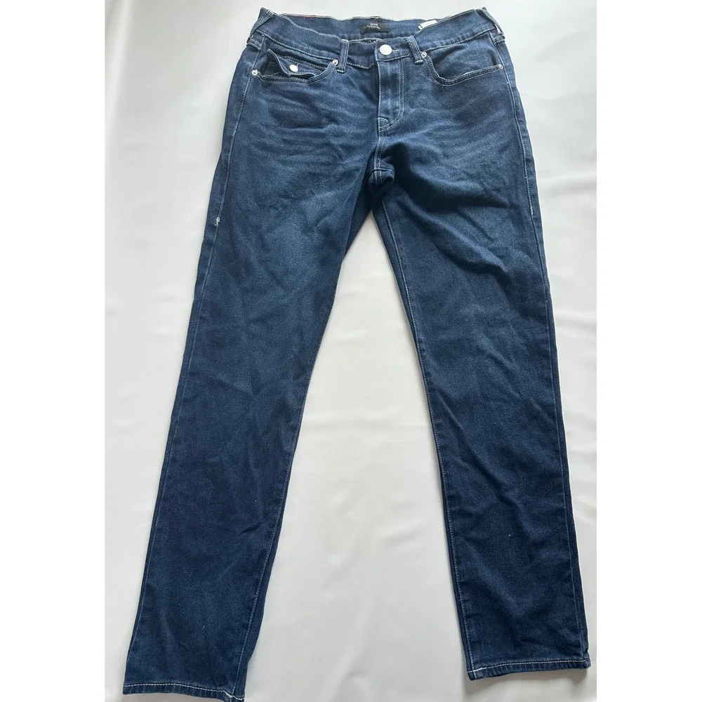 True Religion Geno Relaxed Slim Dark Wash Jeans Mens 30 Contrast Stitch Blue